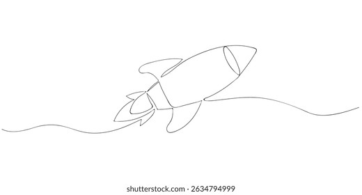 Continuous line drawing of a rocket on a white background. Minimalistic one line sketch.