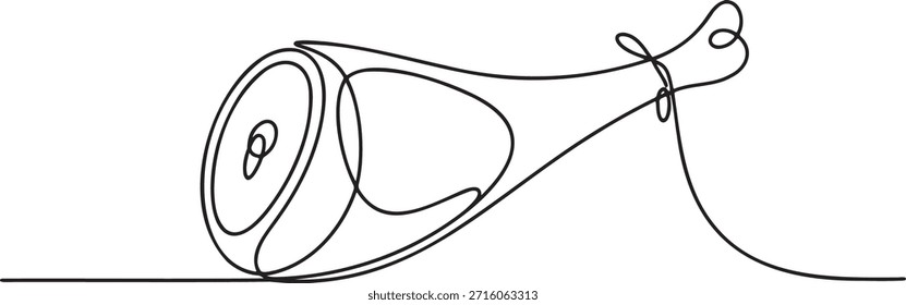 Continuous line drawing of a rolled cured ham or prosciutto, representing a gourmet delicacy and a fine meat product. Outline sketch captures the essence of traditional charcuterie. Simple doodle illustrates a classic culinary item.