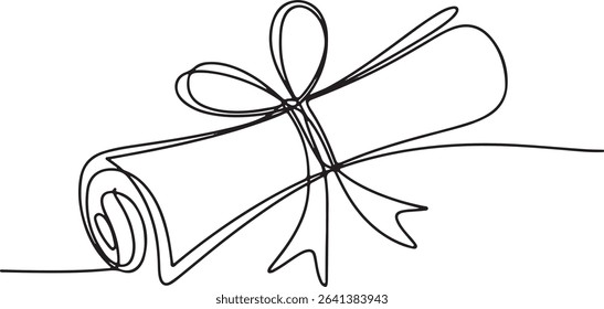  continuous line drawing of a rolled diploma with ribbon bow and tassel in black on white background
