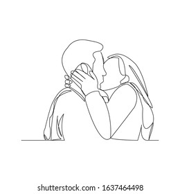 Continuous line drawing of romantic couple kissing for valentine. Vector illustration.