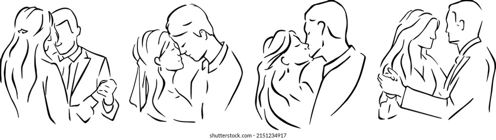 Continuous line drawing. Romantic couple. Set of poses groom and bride in love. Element for wedding invitations isolated on white background. vector illustration