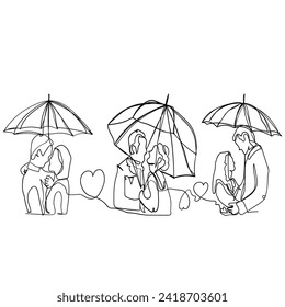 Continuous Line Drawing Romantic Couple Holding Umbrella. Illustration Icon Vector