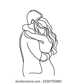 Continuous line drawing of romantic couple hug. Single one line art of young happy couple. Valentines day minimalist modern drawing.