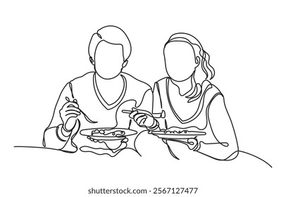 Continuous line drawing of a romantic couple in a restaurant having lunch. one line couple dining in the restaurant vector illustration. Lifestyle, love, relationships, food concept.