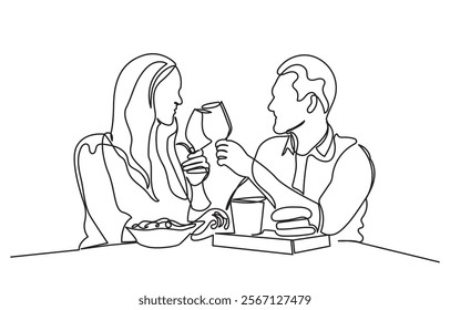 Continuous line drawing of a romantic couple in a restaurant having lunch. one line couple dining in the restaurant vector illustration. Lifestyle, love, relationships, food concept.