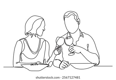 Continuous line drawing of a romantic couple in a restaurant having lunch. one line couple dining in the restaurant vector illustration. Lifestyle, love, relationships, food concept.