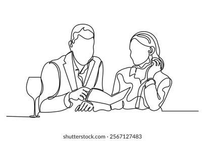 Continuous line drawing of a romantic couple in a restaurant having lunch. one line couple dining in the restaurant vector illustration. Lifestyle, love, relationships, food concept.