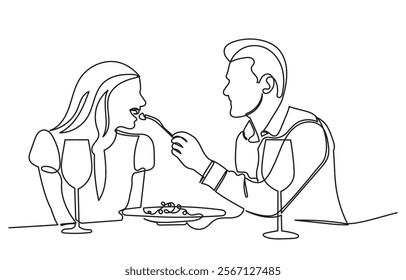 Continuous line drawing of a romantic couple in a restaurant having lunch. one line couple dining in the restaurant vector illustration. Lifestyle, love, relationships, food concept.