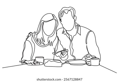 Continuous line drawing of a romantic couple in a restaurant having lunch. one line couple dining in the restaurant vector illustration. Lifestyle, love, relationships, food concept.