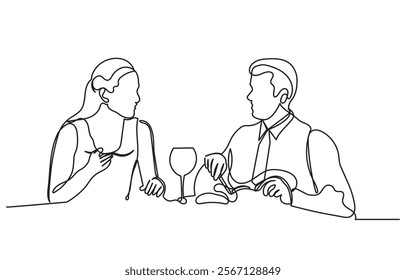 Continuous line drawing of a romantic couple in a restaurant having lunch. one line couple dining in the restaurant vector illustration. Lifestyle, love, relationships, food concept.