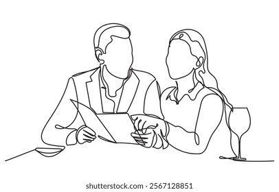 Continuous line drawing of a romantic couple in a restaurant having lunch. one line couple dining in the restaurant vector illustration. Lifestyle, love, relationships, food concept.