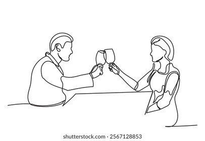 Continuous line drawing of a romantic couple in a restaurant having lunch. one line couple dining in the restaurant vector illustration. Lifestyle, love, relationships, food concept.