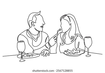 Continuous line drawing of a romantic couple in a restaurant having lunch. one line couple dining in the restaurant vector illustration. Lifestyle, love, relationships, food concept.