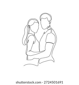 Continuous Line Drawing of Romantic Couple Embracing. Homem e mulher minimalistas abraçando, amor, intimidade, afeto e conexão emocional Conceito