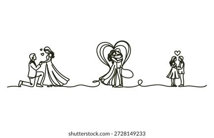 Dibujo de línea continua de relaciones románticas de pareja y momentos tiernos de amor