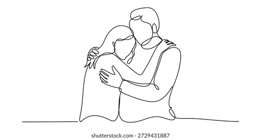 Kontinuierliche Linienzeichnung eines romantischen Paares, das mit Sorgfalt und Zuneigung umarmt Vektor, Illustration