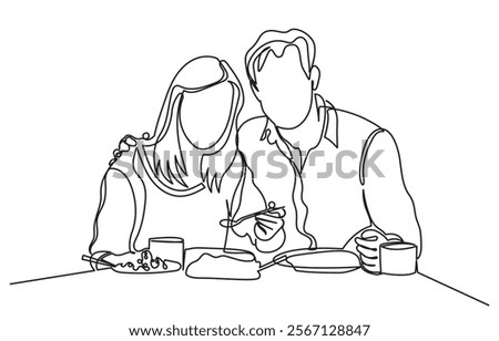 Continuous line drawing of a romantic couple in a restaurant having lunch. one line couple dining in the restaurant vector illustration. Lifestyle, love, relationships, food concept.