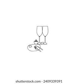 Continuous Line Drawing romantic dinner set. Plate, fork, knife and two glass. Menu food design. Illustration Icon Vector