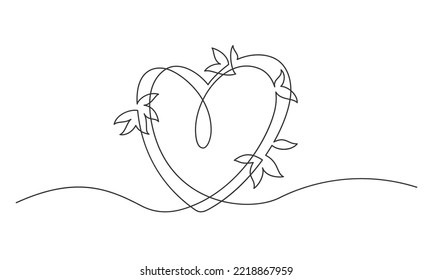 Continuous line drawing of romantic heart with leave. Nice floral frame emblem for fashion, beauty and jewellery, Wedding invitation. Vector illustration.