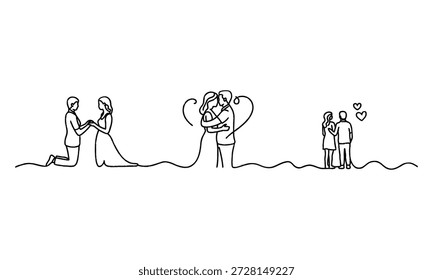 Desenho de linha contínua de relacionamentos românticos e momentos de amor casais em várias poses afetuosas