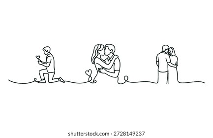 Linha contínua desenho de relacionamentos românticos e casais de amor beijando e propondo