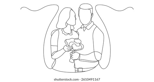 Continuous line drawing romantic young couple giving gifts to celebrate Valentine's Day. Black and white vector illustration
