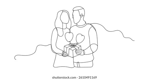 Continuous line drawing romantic young couple giving gifts to celebrate Valentine's Day. Black and white vector illustration