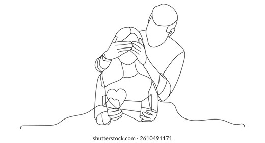 Continuous line drawing romantic young couple giving gifts to celebrate Valentine's Day. Black and white vector illustration