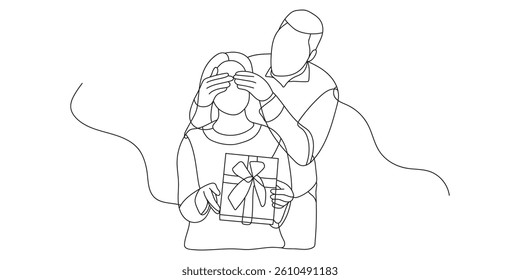 Continuous line drawing romantic young couple giving gifts to celebrate Valentine's Day. Black and white vector illustration