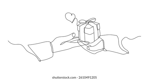 Continuous line drawing romantic young couple giving gifts to celebrate Valentine's Day. Black and white vector illustration