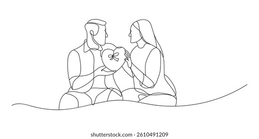 Continuous line drawing romantic young couple giving gifts to celebrate Valentine's Day. Black and white vector illustration