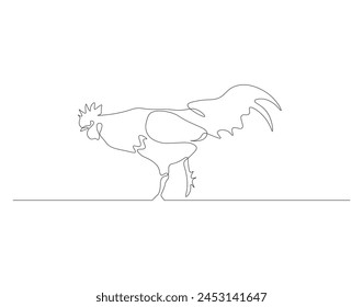Continuous line drawing of rooster chicken. One line of rooster chicken. Poultry animal concept continuous line art. Editable outline.