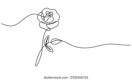Dibujo de línea continua de flor de rosa. Una línea de arte concepto de hermoso amor floral para saludar. Flor de rosa minimalista diseño lineal negro aislado sobre fondo blanco. Ilustración vectorial