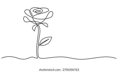 Continuous line drawing of rose flower. One line art concept of beautiful floral for love greeting. Rose flower minimalist black linear design isolated on white background. Vector illustration