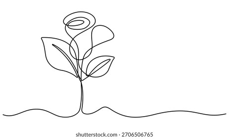 Dibujo de línea continua de flor de rosa. Una línea de arte concepto de hermoso amor floral para saludar. Flor de rosa minimalista diseño lineal negro aislado sobre fondo blanco. Ilustración vectorial
