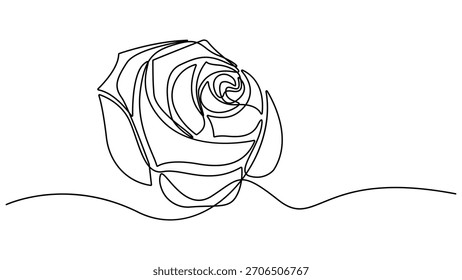 Dibujo de línea continua de flor de rosa. Una línea de arte concepto de hermoso amor floral para saludar. Flor de rosa minimalista diseño lineal negro aislado sobre fondo blanco. Ilustración vectorial