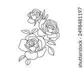 Continuous Line Drawing Of Rose Flowers Black Sketch Isolated on White Background. Flowers Rose One Line Illustration for Minimalist Design. Vector EPS 10.	