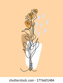 Durchgehende Linienzeichnung von Rosenblumen, handgezeichneter Vektorgrafik mit einer Linie, die Blumen einzeln auf abstraktem Hintergrund zieht.