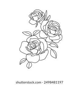 Continuous Line Drawing Of Rose Flowers Black Sketch Isolated on White Background. Flowers Rose One Line Illustration for Minimalist Design. Vector EPS 10.	