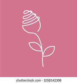 Continuous line drawing rose with leaf - abstract modern logo or decoration. Single outline of flower form in vector illustration. Fancy blossom isolated on pink background.