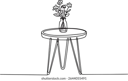 continuous line drawing of a round side table with hairpin legs and flower vase