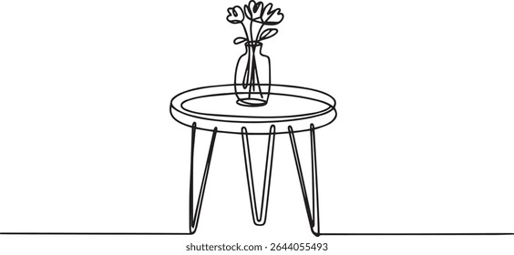 continuous line drawing of a round side table with hairpin legs and flower vase