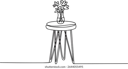 continuous line drawing of a round side table with hairpin legs and flower vase
