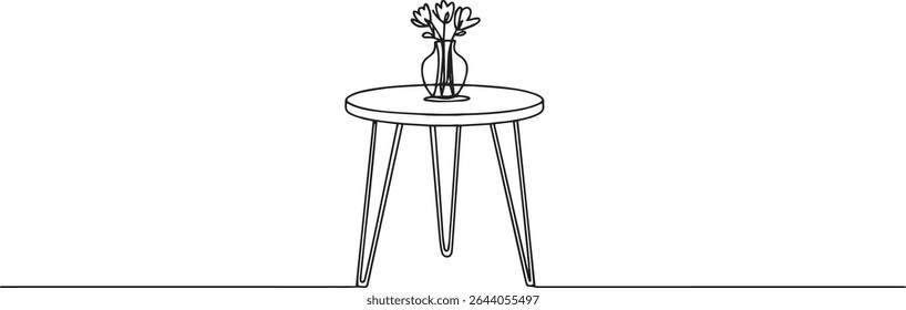 continuous line drawing of a round side table with hairpin legs and flower vase