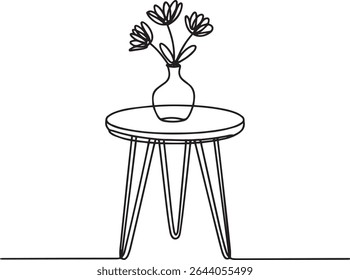 continuous line drawing of a round side table with hairpin legs and flower vase