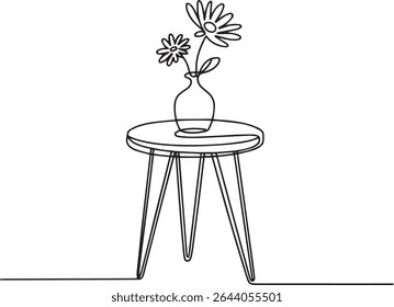 continuous line drawing of a round side table with hairpin legs and flower vase