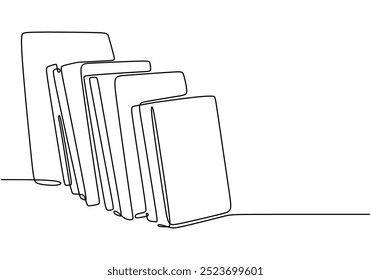 Kontinuierliche Strichzeichnung einer Reihe gestapelter Bücher. Illustration der Organisation literarischer Schätze. Vektorgrafik.
