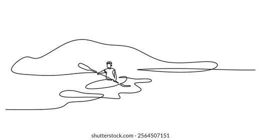 Continuous line drawing of a rower paddling in a canoe, showcasing the calm and skill involved in the sport. Minimalist design for active and healthy living. Vector illustration hand drawn.