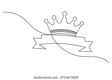 Dibujo de línea continuo de una corona real descansando sobre un Anuncio que fluye para un diseño elegante