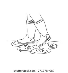 Un dibujo de línea continua de botas de goma en agua con patos de goma